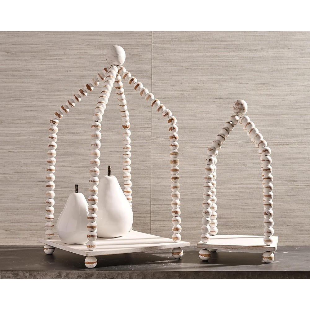 Mud Pie Beaded Lantern Set White Brown Mango Wood 16" & 19"